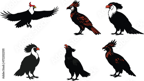 Majestic stylized eagle illustrations, fierce birds of prey artwork, vibrant feather patterns, wildlife art design, powerful raptor poses, decorative animal graphics