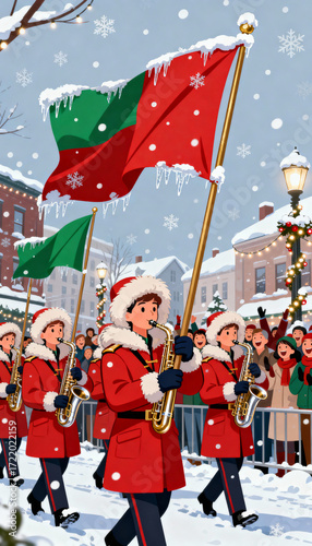 A christmas parade with a marching band playing saxophones in a snowy town with holiday decorations