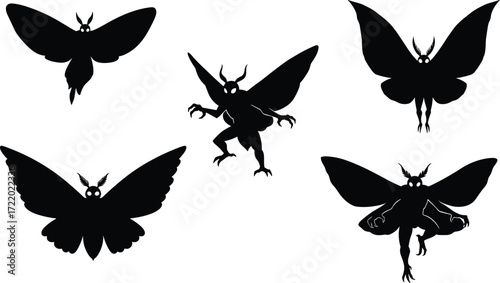 Mothman silhouette set, mythical creature poses, cryptid illustration, winged humanoid figure, glowing eyes, paranormal art, flying monster, dark fantasy design