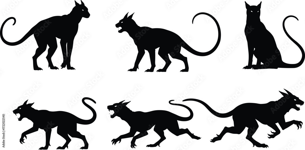 Naklejka premium Black silhouette mythical cats, fantasy feline creatures, aggressive and calm poses, running, leaping, crouching, stylized animal art illustration