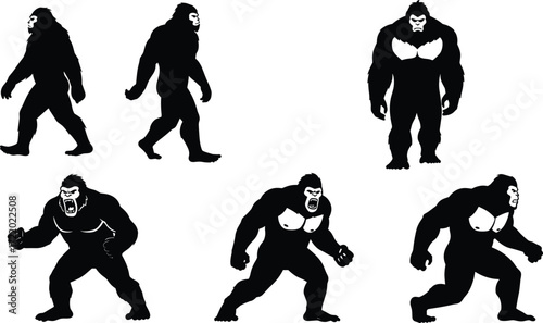 Gorilla silhouette illustration, aggressive and neutral poses, muscular ape character design, wildlife animal art, fighting stance, animation reference, vector graphic