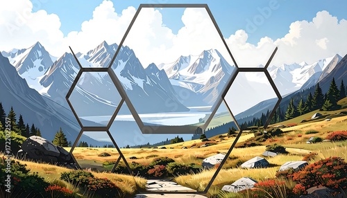 Mountain landscape framed by hexagons
