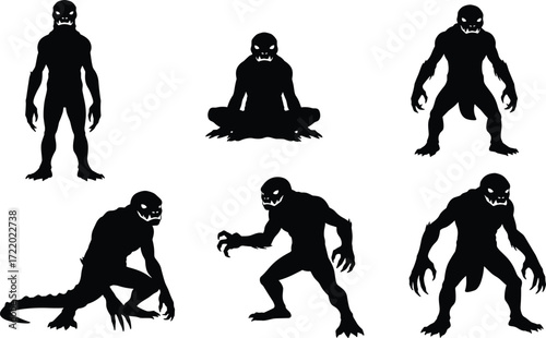 Monstrous humanoid silhouette, muscular creature, sharp teeth, white eyes, clawed hands, horror monster, fantasy beast, dark figure, scary pose, creature design