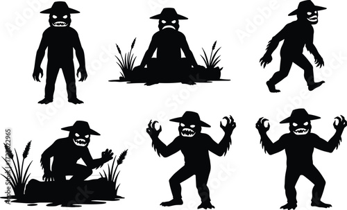 Black silhouette monster with hat, sharp teeth, claws, creepy poses, horror creature, eerie design, folklore character, scary illustration, vector art