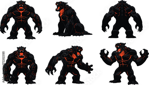 Monstrous creature illustration, muscular black skin, glowing orange lines, roaring poses, fantasy beast design, video game character concept art, horror monster