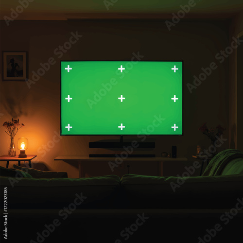 Green screen TV with tracking markers in a dark room.