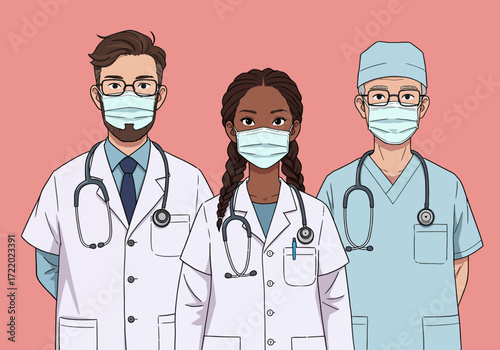 Diverse Team of Medical Professionals Wearing Face Masks