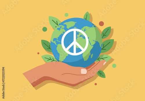 Hand holding Earth with a peace symbol for global unity