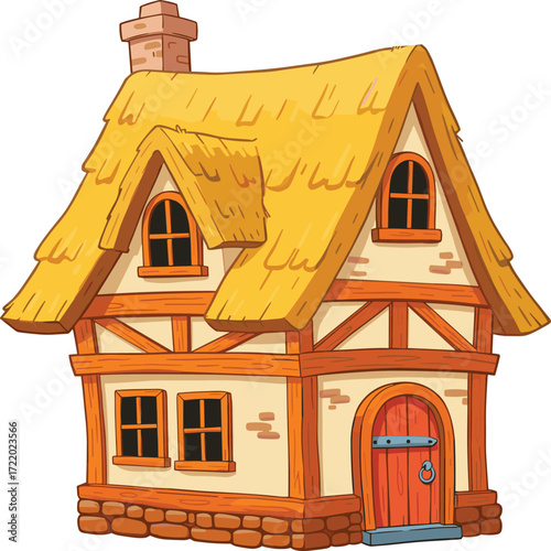 Cartoon medieval village house illustration with thatched roof, wooden beams, stone foundation, fantasy architecture, rustic home design, countryside building, fairytale cottage