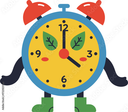 Cute cartoon alarm clock character illustration with funny face, leaves as eyes, red bells, green boots, creative design, time management, morning wakeup