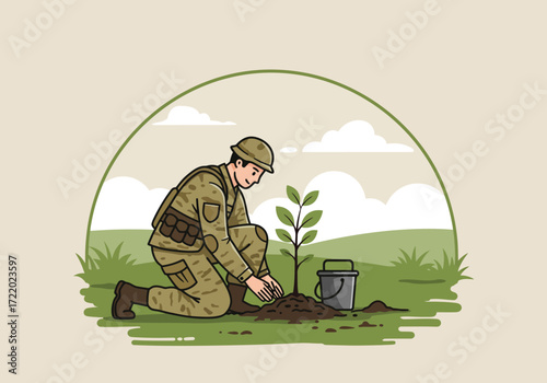 Soldier planting a tree for environmental conservation