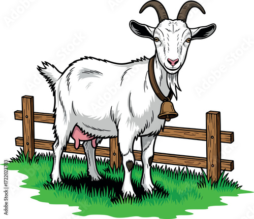 Goat by Wooden Fence - Farm Animal Illustration.
