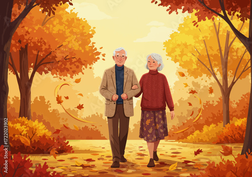 Autumn Stroll Elderly Couple's Peaceful Walk