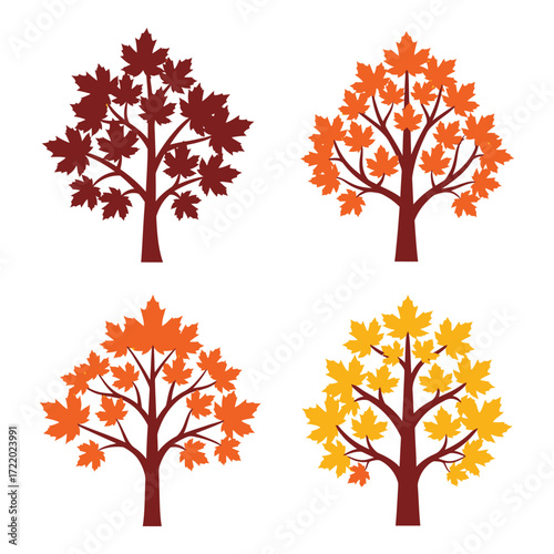 Four autumn trees with falling leaves in various fall colors seasonal foliage design elements