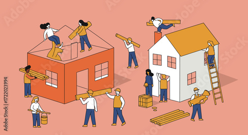 Construction workers building houses illustration on a pink background