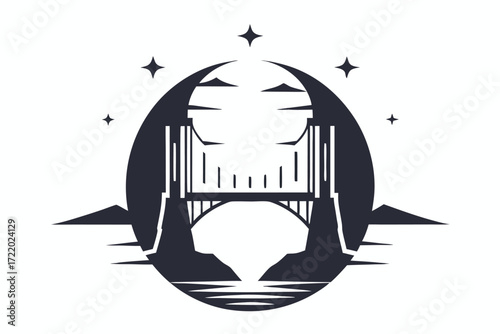 Bridge Silhouette Over Water with Stars in Oval Composition, Vector, Isolated