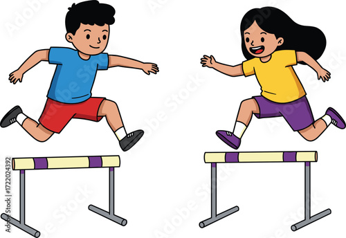 Cartoon boy and girl kids happily jumping hurdles in sports competition, children running track and field athletics activity illustration design