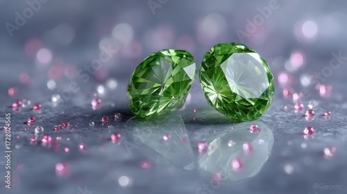 Pair of Green Faceted Gemstones on Speckled Gray Surface in Cinematic Lighting