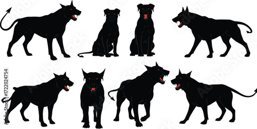Menacing hellhound creatures, dark demonic dogs, glowing red eyes, sharp teeth, mythical beasts, fantasy horror illustration, supernatural canine monsters, ominous artwork