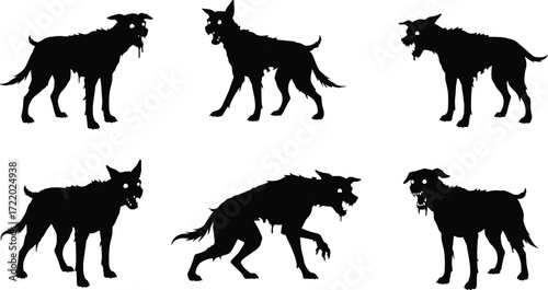 Zombie dog silhouettes, undead canine monsters, horror fantasy creatures, glowing eyes, scary animal art, dark eerie illustration, Halloween night terror scene