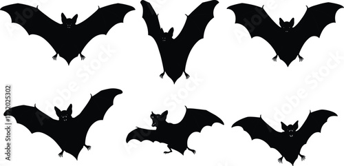 Black bat silhouettes flying, Halloween bats vector illustration, spooky nocturnal animal shapes, isolated bat wings spread, wildlife graphic design art