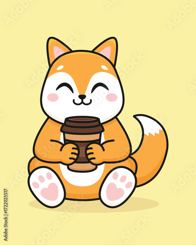 Cute cartoon shiba inu with a cup of coffee. Isolated background. Vector illustration.