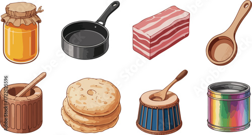 Honey bacon pan bread and wooden utensils on white background