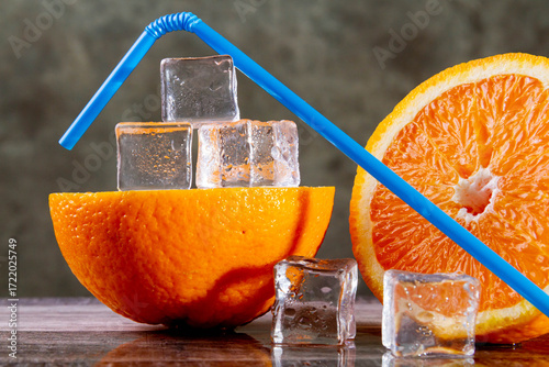Orange with a straw for cocktails. Ice orange. Juice with ice.Orange drink. Copyspace.