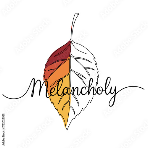 Colorful autumn leaf illustration with the word "Melancholy" in flowing script