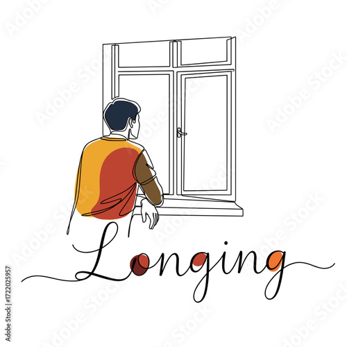 Pensive figure looking out of a window with the word "Longing" in flowing script