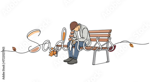 Melancholic figure sitting on a bench surrounded by leaves with the word "Sadness" in flowing script