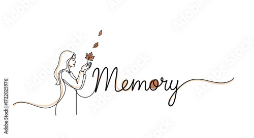 Nostalgic figure holding flowers with the word "Memory" in flowing script