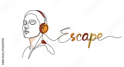 Serene figure with headphones and the word "Escape" in flowing script