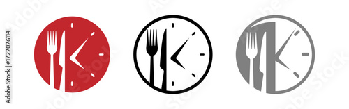 Dinner time clock icon. Vector illustration of plate with fork and knife as food symbol. Perfect for restaurant, cafe, hotel, menu design, meal service, breakfast, lunch, and dinner concept.