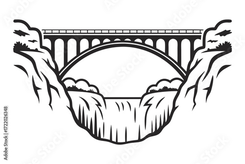 Bridge Structure Above Deep Gorge in Black and White with Trees and Cliffs