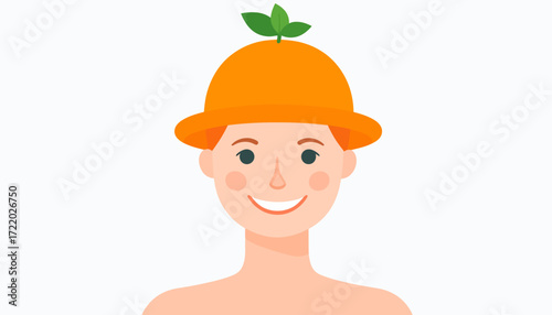 Smiling person wearing orange fruit hat with green leaf