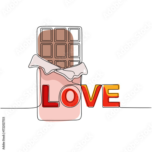 Sweet chocolate bar illustration with the word "LOVE" in bold, colorful letters