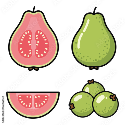 Fresh pink guava fruit set whole half slice and small berries vibrant tropical flavor