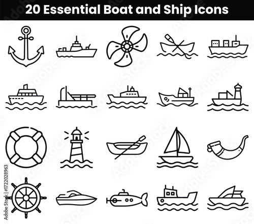 Essential Boat and Ship Icons Set Keywords: boat, ship, anchor, propeller, oar, cargo ship