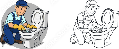 Cleaning services staff scrubbing toilet with brush, providing professional bathroom cleaning and sanitary home care solutions.