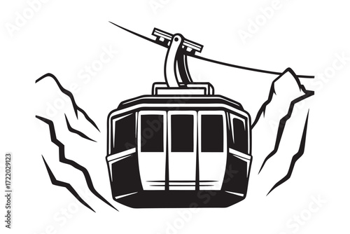 Cable car icon with mountain scenery and cable on white background