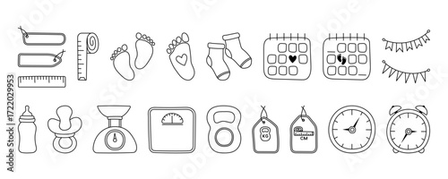 Newborn hand drawn vector elements set. Birth announcement. Set baby metric doodles. Gender party outline icons. Birth stats line art illustrations. Age, height, weight data and cute baby accessories.