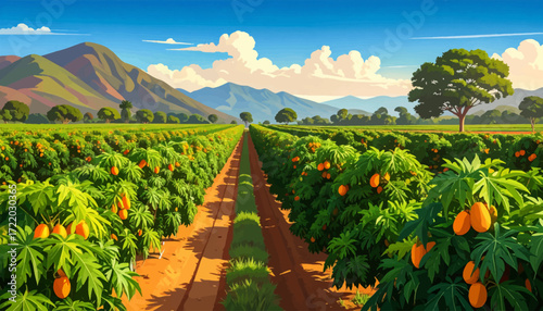 Sun-Drenched Mango Orchard Rows of Lush Trees and Mountains