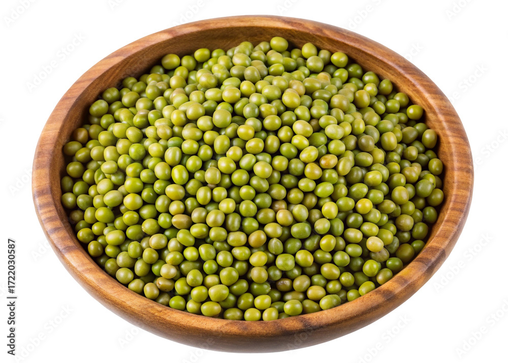 Fototapeta premium A top view of a wooden bowl filled with green mung beans isolated on transparent background
