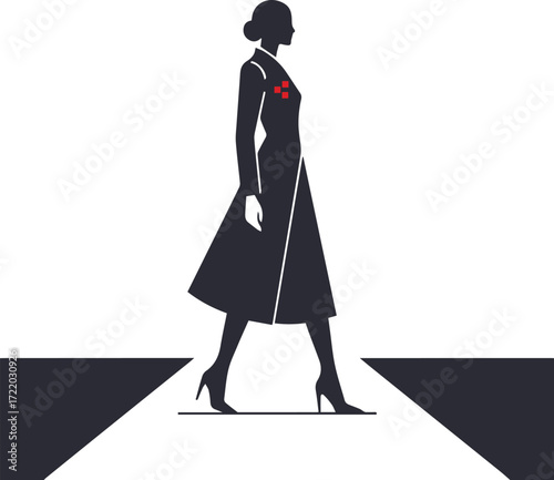 Stylish female silhouette in long dress coat and high heels walking on runway modern vector artwork