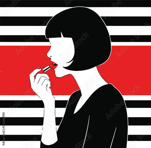 Retro modern pop art beauty illustration of chic woman portrait with makeup and lipstick application