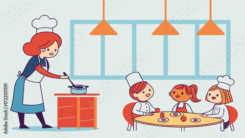 Vector art of a chef teaches cooking to a group of children in a kitchen with a window and hanging lights