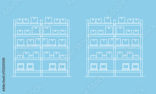 Warehouse shelves with boxes and laptops ready for distribution in a neatly organized structure designed for efficiency and inventory management in light blue background