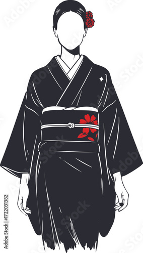 Vector silhouette of stylish woman wearing kimono with flower detail beautiful cultural artwork