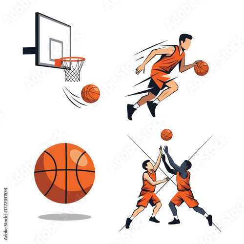 Dynamic basketball action set capturing players shooting dribbling and a hoop